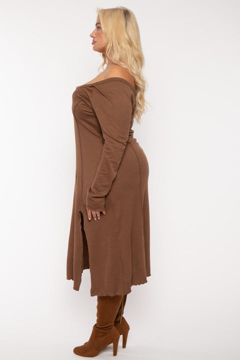 Plus Size Notch Neck  Maxi Dress -Brown