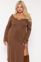 Plus Size Notch Neck  Maxi Dress -Brown