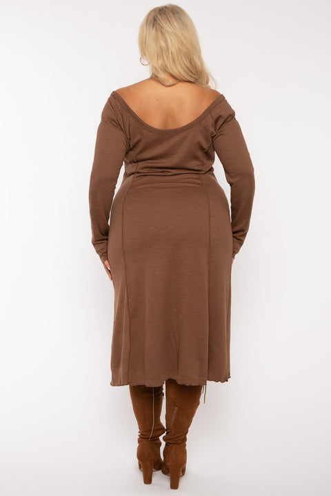 Plus Size Notch Neck  Maxi Dress -Brown