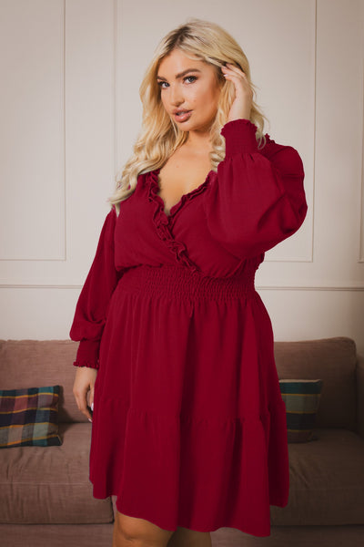 Plus Size Riella Ruffle   Dress -Dark Red