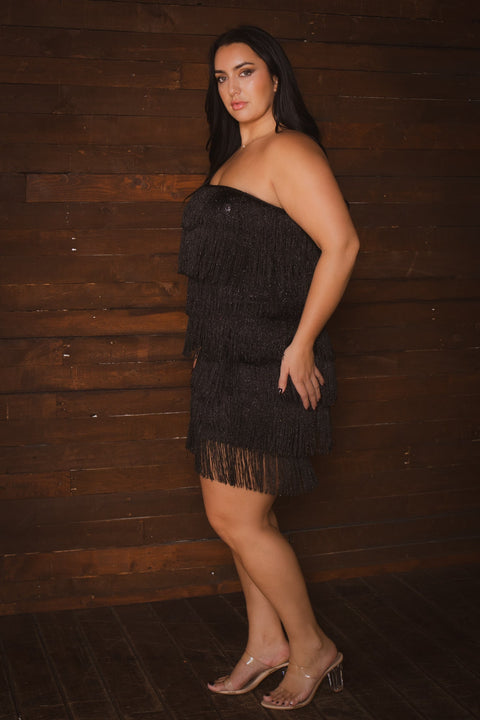 Plus Size Sparkle Fringe Dress - Black