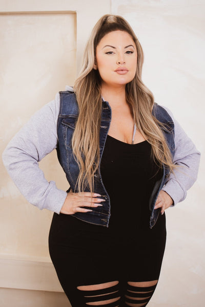 Plus Size Denim Hoodie Trucker Jacket - Dark Wash