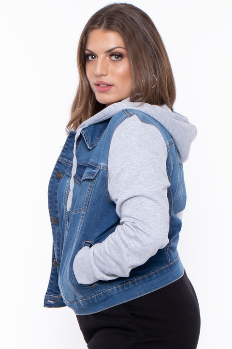 Plus Size Denim Hoodie Trucker Jacket - Medium Wash