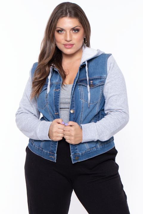 Plus Size Denim Hoodie Trucker Jacket - Medium Wash