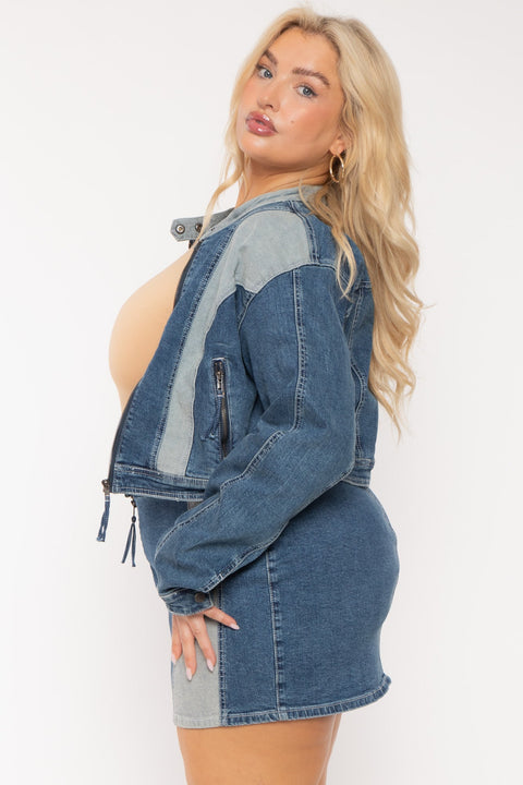 Plus Size Patchwork Rider Jacket  -Blue