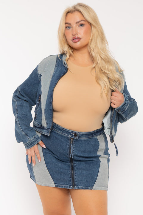 Plus Size Patchwork Rider Jacket  -Blue