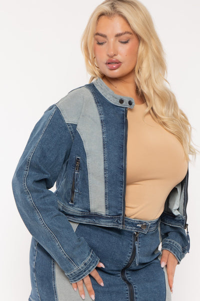 Plus Size Patchwork Rider Jacket  -Blue