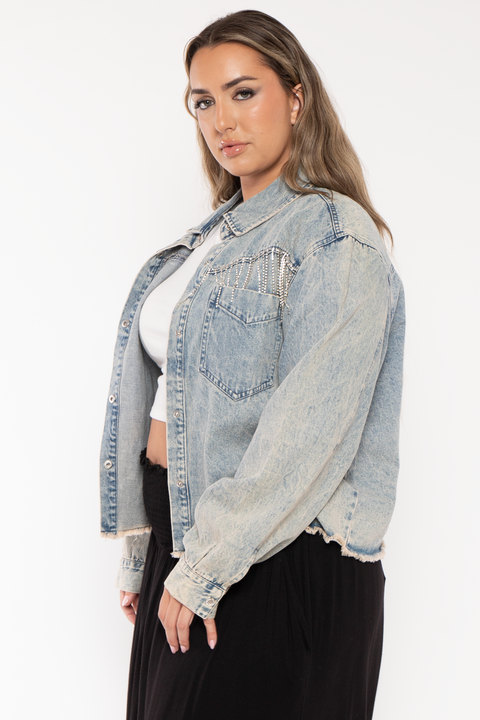 Plus Size   Rhinestone Denim Jacket - Blue