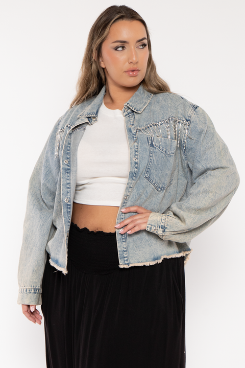 Plus Size   Rhinestone Denim Jacket - Blue