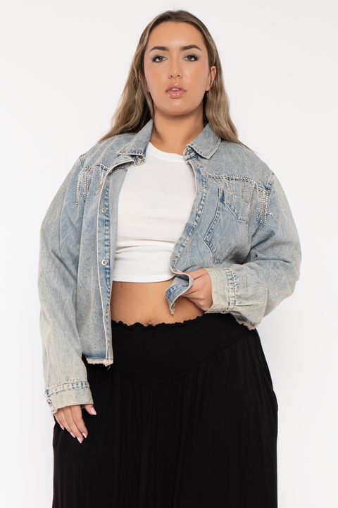 Plus Size   Rhinestone Denim Jacket - Blue