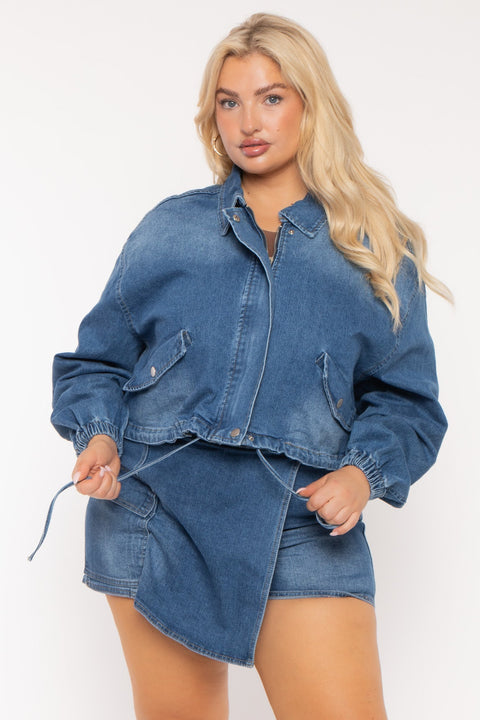 Plus Size Sheila Drawstring Denim  Jacket  -Blue