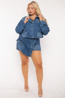 Plus Size Sheila Drawstring Denim  Jacket  -Blue