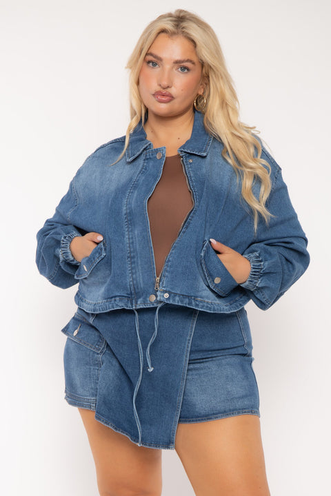 Plus Size Sheila Drawstring Denim  Jacket  -Blue