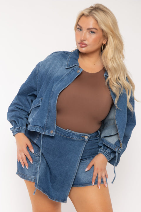Plus Size Sheila Drawstring Denim  Jacket  -Blue