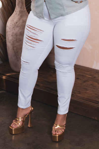 Plus Size  Distressed Denim Pants - White