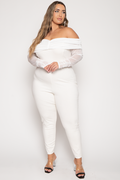 Plus Size Carleen Ruched Mesh  Jumpsuit  - Ivory