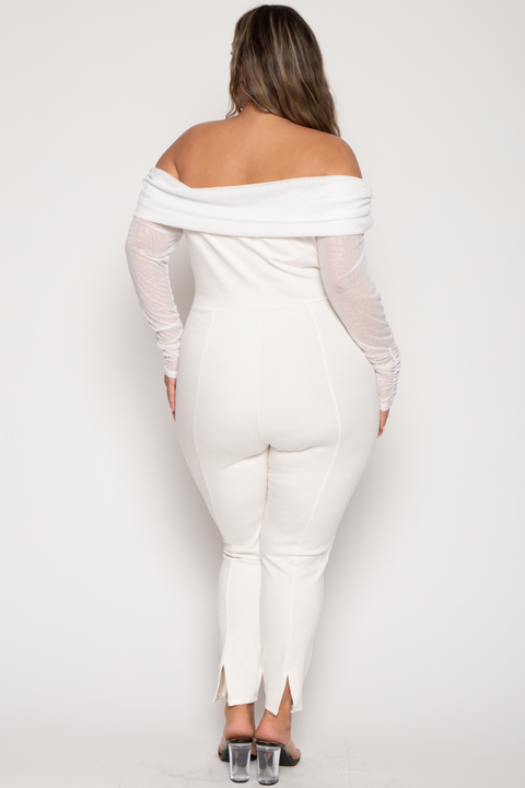 Plus Size Carleen Ruched Mesh  Jumpsuit  - Ivory