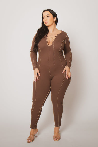 Plus Size Kendra Rib Jumpsuit- Brown