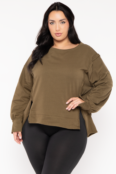 Plus Size Exposed Seam Sweater  - Olive