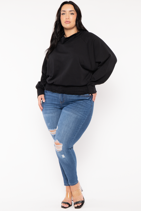 Plus Size Smocked Waist  Sweater - Black