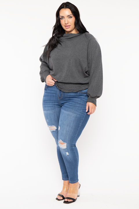 Plus Size Smocked Waist  Sweater - Charcoal