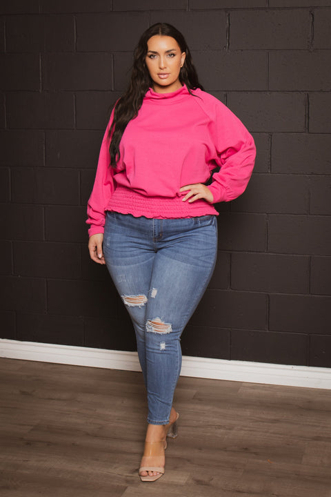 Plus Size Smocked Waist  Sweater - Pink