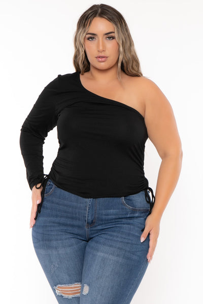 Plus Size Asymmetric One Sleeve Top  -Black