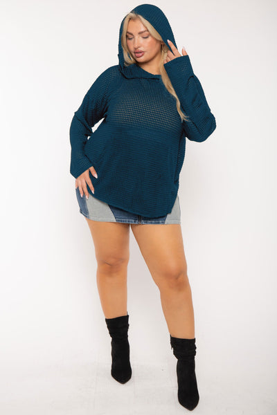 Plus Size Oversize Waffle  Hoodie  Top - Teal