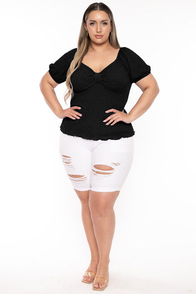 Plus Size  Peasant Honeycomb Bubble Top - Black
