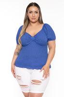 Plus Size  Peasant Honeycomb Bubble Top - Blue