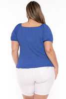 Plus Size  Peasant Honeycomb Bubble Top - Blue