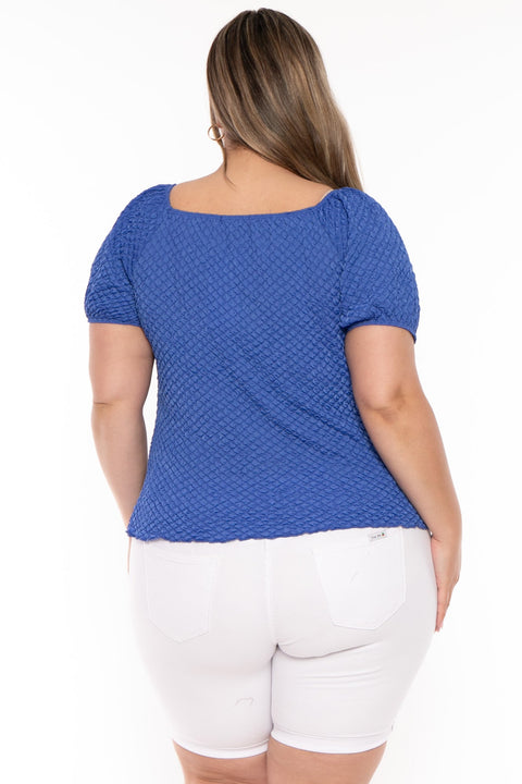 Plus Size  Peasant Honeycomb Bubble Top - Blue