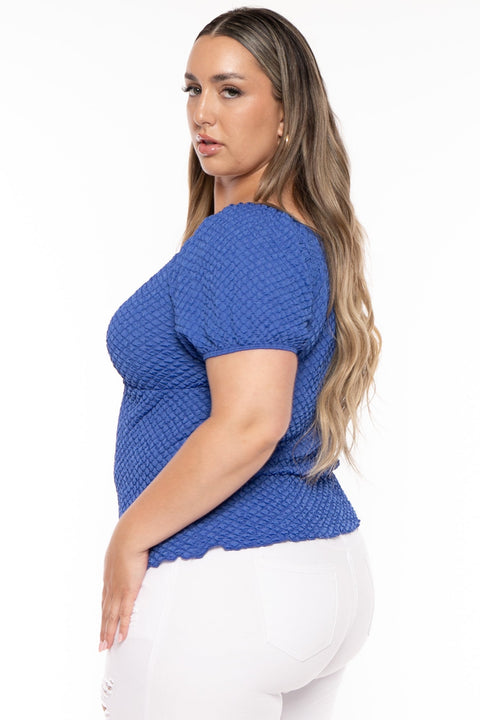Plus Size  Peasant Honeycomb Bubble Top - Blue