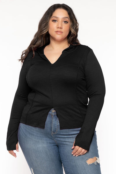 Plus Size Shansi Center Slit Top - Black