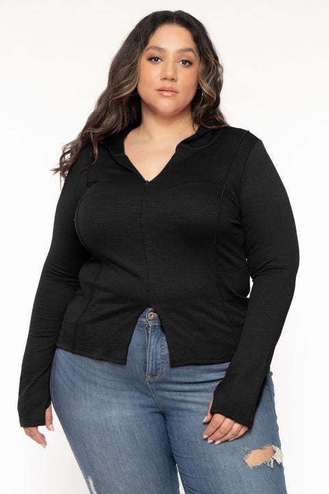 Plus Size Shansi Center Slit Top - Black